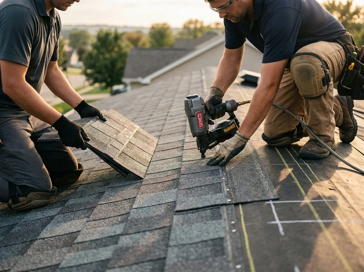 Professional roofer working on a residential roof in Pembroke